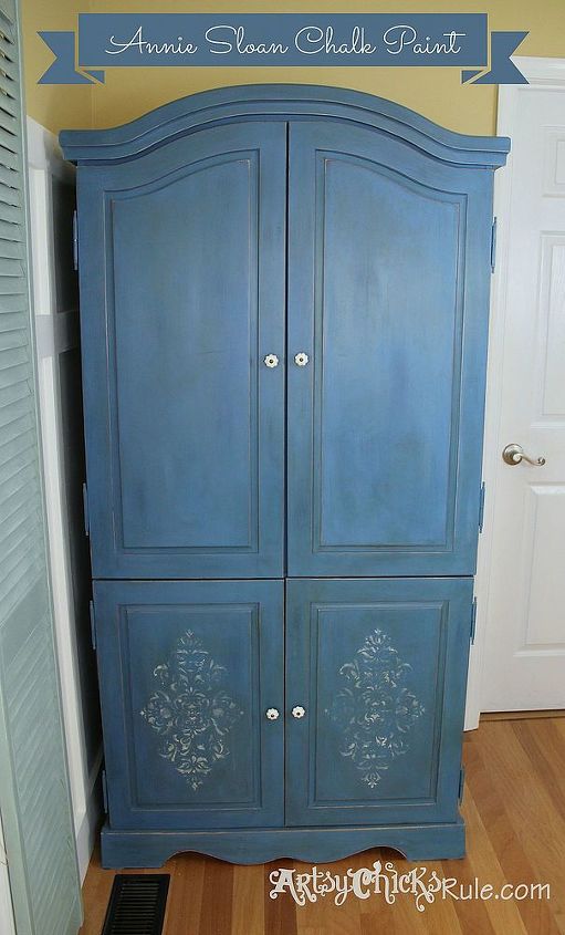 stenciled blue armoire w 3 color technique annie sloan chalk paint, chalk paint, painted furniture, I had originally planned to stencil the top as well but decided against it Full view finished with 3 color process