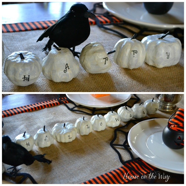 spooky halloween party decor, crafts, halloween decorations, seasonal holiday decor, Paper mache pumpkins were painted with craft paint and alphabet stickers were added to each one spelling Happy Halloween