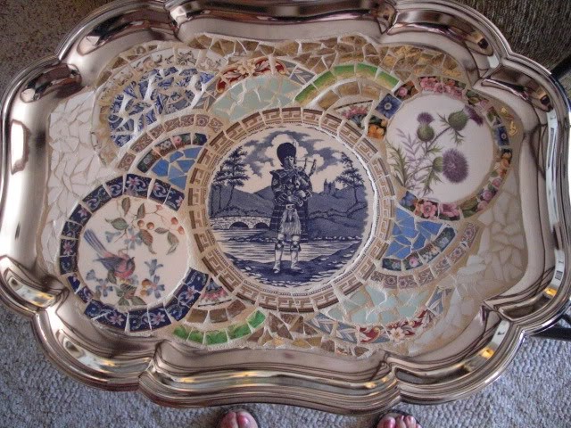 more of my mosaics, painted furniture, tiling, This is a silver tray with a Scottish theme I stayed at a Scottish Bed and Breakfast on vacation and took this project along to work on and finished it in one weekend and left it for the Innkeeper as a token of my appreciation