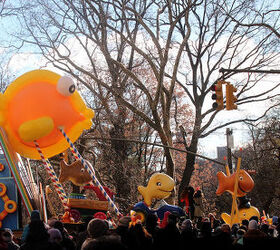 id needed re characters in entertainment, seasonal holiday d cor, thanksgiving decorations, An unidentified school of fish march swim out of water in Macy s 2013 Thanksgiving Parade View Two at CPW Image featured