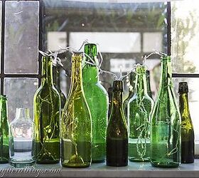 green bottles window sill, fireplaces mantels, home decor, seasonal holiday decor