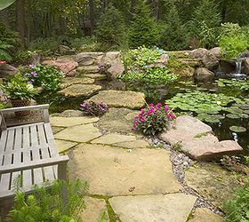 create a backyard oasis with a pond, landscape, outdoor living, ponds water features, A quaint bench provides a relaxing spot to watch the fish or walk across the stepping stones to explore more