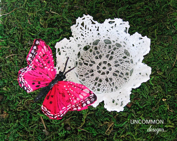 how to create an adorable spring flower votive, crafts, flowers, A simple doily and a sweet buttSerfly attached