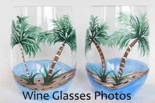 painted wine glass by brushes with a view, painting, Beach and Palm Trees by Brushes with A View