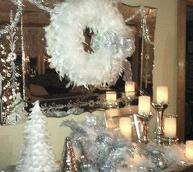 mercury glass and feathers christmas, crafts, seasonal holiday decor, wreaths, Silver clip on poinsettas added another layer of interest