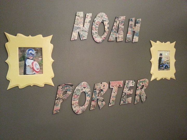 my son loves superheroes decorating the playroom, entertainment rec rooms, home decor, not a great pick but letters and frames turned out good