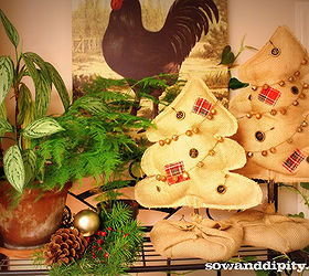 rustic burlap trees, christmas decorations, seasonal holiday decor, Rustic bakers rack vignette