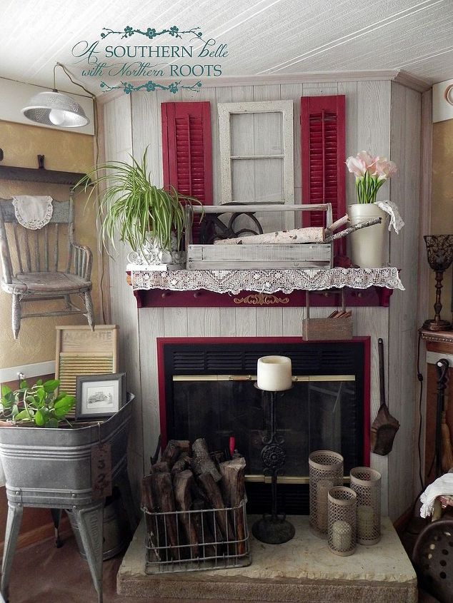 red shutters on the mantel, home decor, repurposing upcycling