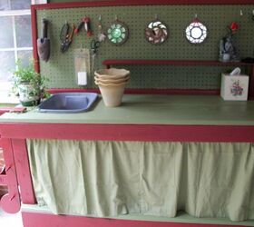 my new diy potting bench, diy, gardening, how to, outdoor living, woodworking projects, the tension rod and curtains cover up the stored items underneath