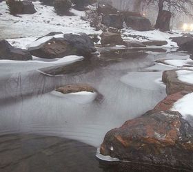 winter water features, ponds water features, Large Pond with Ice on a Foggy Morning