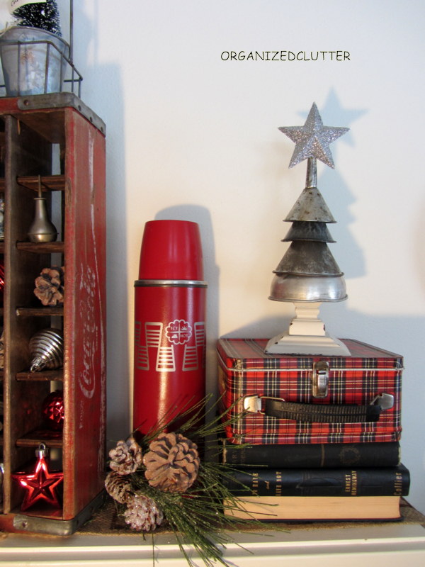vintage rustic christmas mantel, christmas decorations, repurposing upcycling, seasonal holiday decor, My funnel tree and vintage plaid lunch box and thermos