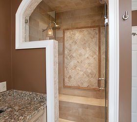 master bath remodel, bathroom ideas, home decor, The shower features two arches frameless glass enclosure built in bench shower head with separate hand wand on a slider bar and a heated floor
