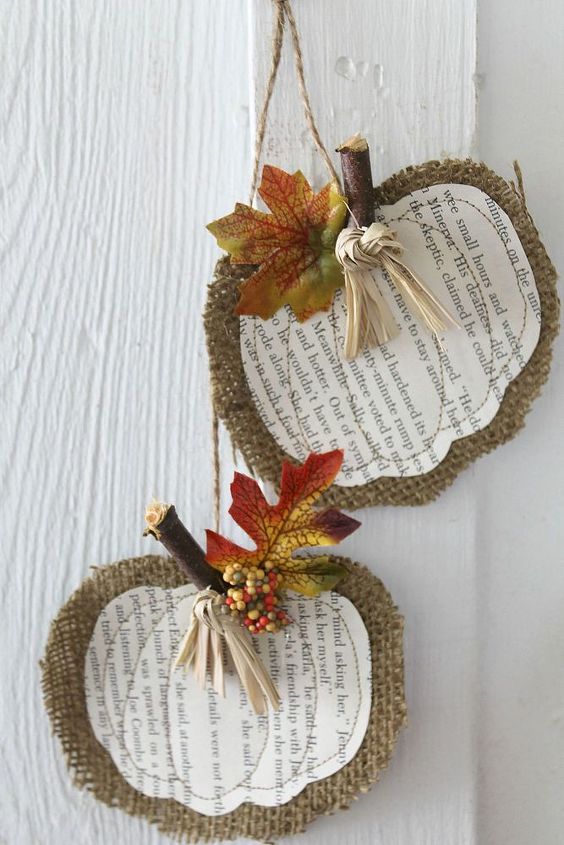 burlap book page pumpkins, crafts, repurposing upcycling, seasonal holiday decor