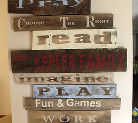 pallet paradise, pallet, Pallet signs This was done by Julia Sweet Serendipity she s got the instructions here She wrote that that the words were chosen by her three children these are things they want to do as a family I thought that was so sweet