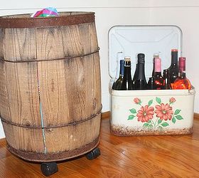 dog food storage vintage style, cleaning tips, repurposing upcycling, I like to use vintage items for storage in my pantry Dog food is stored in a barrel on wheels and wine is in an old bread box