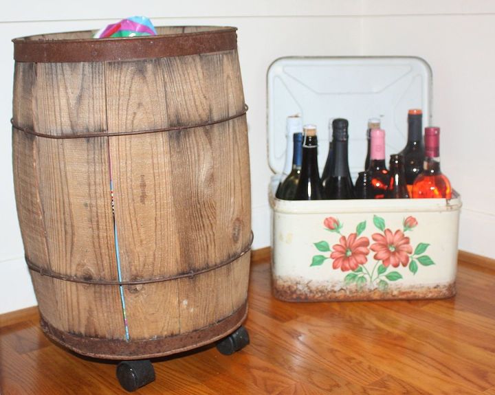 dog food storage vintage style, cleaning tips, repurposing upcycling, I like to use vintage items for storage in my pantry Dog food is stored in a barrel on wheels and wine is in an old bread box