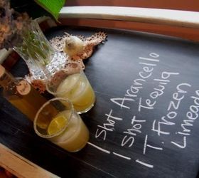 trash to treasure party cart, painted furniture, repurposing upcycling, I added a chalkboard top This works so well when I am having a party with a specialty drink I just jot down the recipe and supply the ingredients and everyone can help themselves as the night goes along