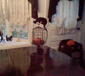 halloween decorating with black and white, halloween decorations, seasonal holiday d cor, wreaths, Black bird cage with prowling cats on top and underneath 2 garage sale find