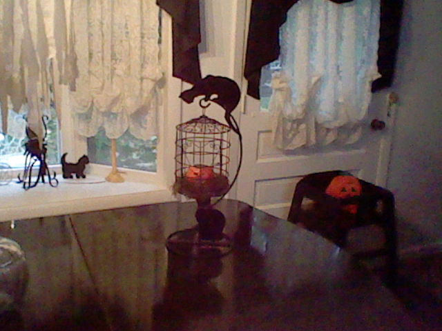 halloween decorating with black and white, halloween decorations, seasonal holiday d cor, wreaths, Black bird cage with prowling cats on top and underneath 2 garage sale find