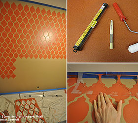 spruce up a home office with stencils, craft rooms, home decor, home office, painting, wall decor, Stenciling an orange accent wall using the Casablanca Allover Stencil