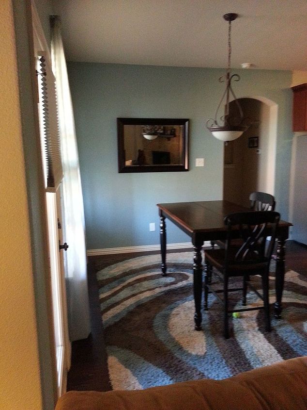 q so sick of builder beige and scared of gray need help, dining room ideas, home decor, painting, window treatments, windows, Interesting aqua is not working