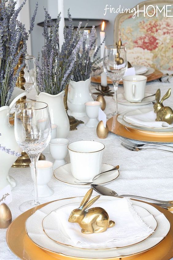 an easter tablescape with vintage brass eyelet lace and dried lavender, easter decorations, seasonal holiday d cor