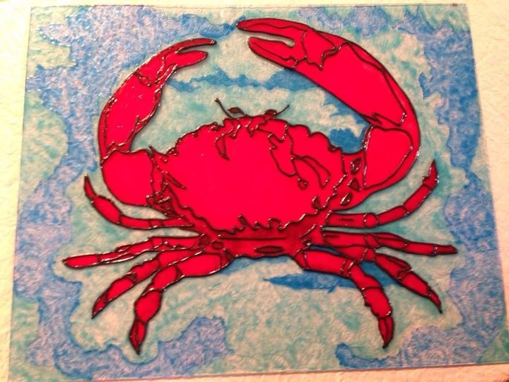 stain glass paint turns thrift store picture frame into crab art, crafts, painting, Finished painted glass ready to be framed