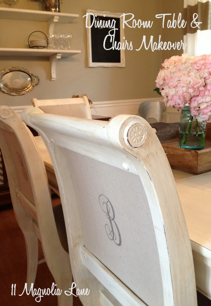 dining room table chairs painted white recovered monogrammed, chalk paint, dining room ideas, painted furniture, The finished project