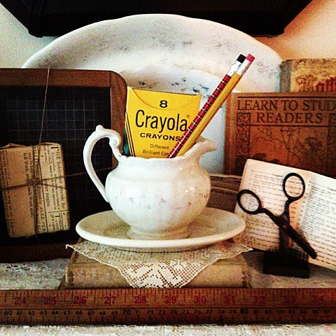 summer to fall transitional decorating back to school mantel decor, home decor, Colonial age slate board and chalk vintage crayons safety scissors an old ruler and antique school books create a quick and charming back to school display