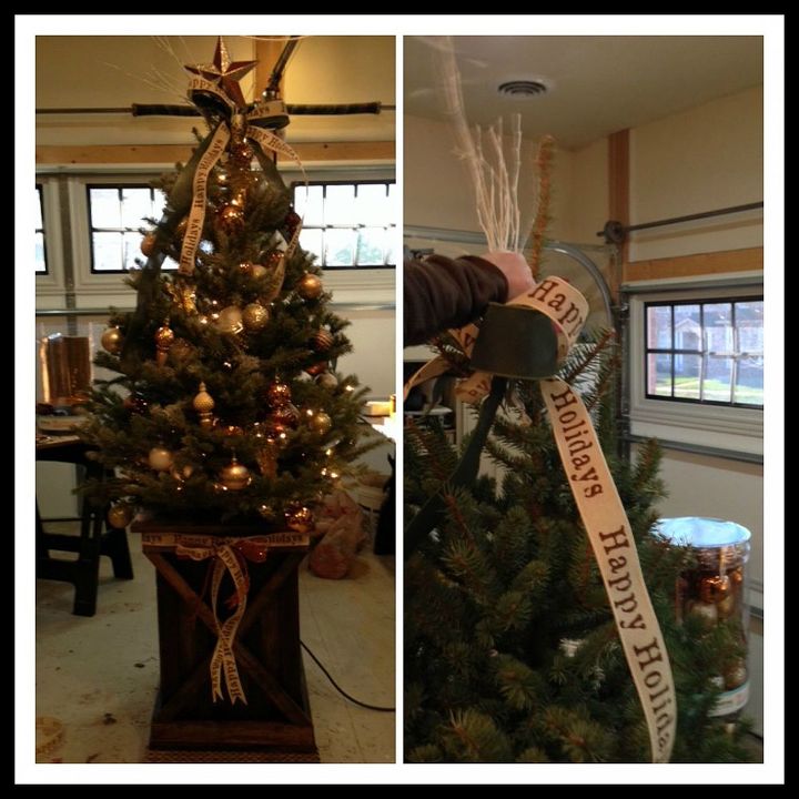 rustic christmas tree display, christmas decorations, seasonal holiday decor, Decorating the tree with Martha Stewart Ornaments