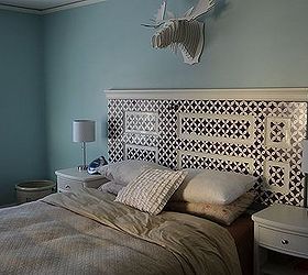 stenciled door headboard, bedroom ideas, doors, home decor, painted furniture