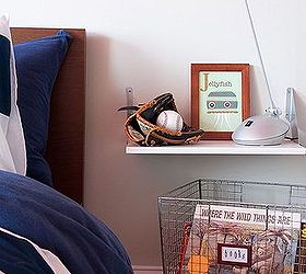 from crib to big boy bed a room makeover, bedroom ideas, home decor, A shelf turned nightstand and DIY rolling wire basket is the perfect substitution for a bedside table