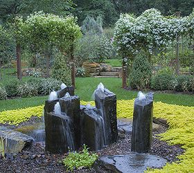 pond and waterfall in suburban chicago, gardening, outdoor living, ponds water features, A group of basalt columns take center stage in this lush garden