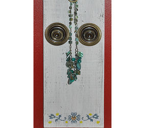 i made a jewelry board using old cabinet knobs and handles and such, flowers, painted furniture, repurposing upcycling, Oops I haven t painted and placed my other button that will cover the mounting screw in the middle of the painted flower That will be the finishing touch