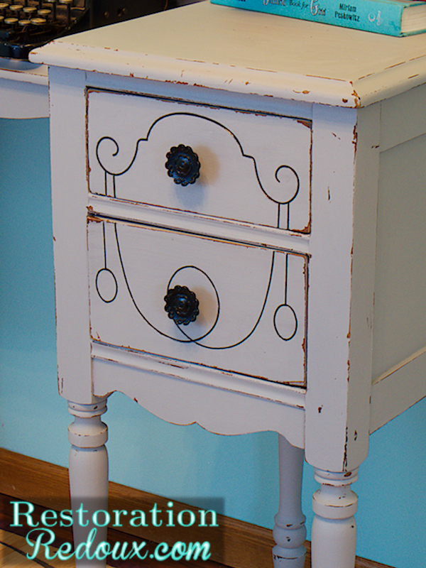 grey vintage desk makeover, painted furniture, I used a black paint glaze to settle into the scrollwork
