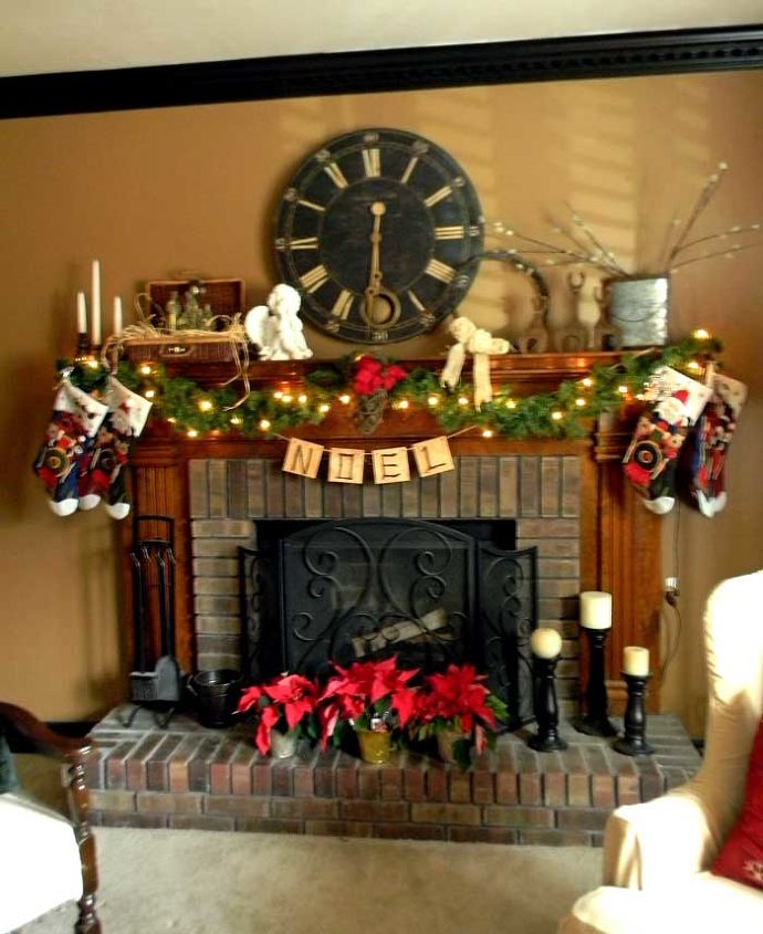 rustic country christmas mantel, christmas decorations, seasonal holiday decor, wreaths, Full view of mantel