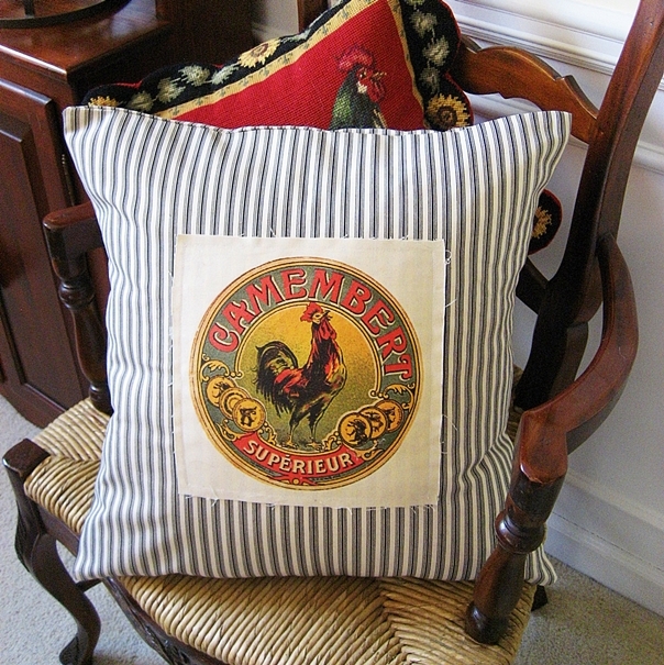frenchy ticking pillow with vintage camembert label, crafts, Frenchy ticking pillow with vintage Camembert label