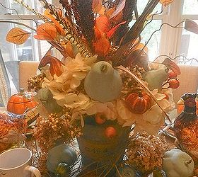 decorating a blue breakfast room for fall, seasonal holiday decor, Hydrangeas berries pheasant feathers millet and blue painted pumpkins and pears Yep I said blue