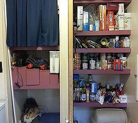pantry makeover, cleaning tips, closet, Before Divided pantry quite a mess This is with the door open