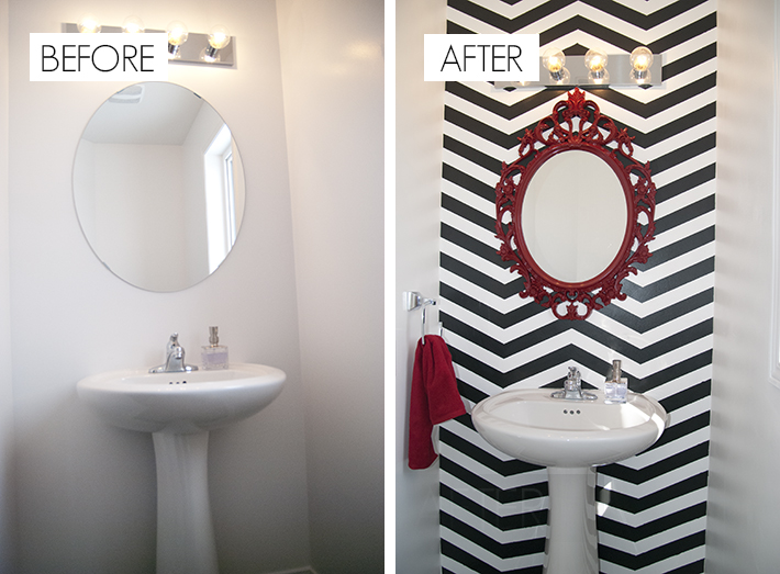 diy chevron bathroom, bathroom ideas, home decor, Before and after of the downstairs chevron bathroom