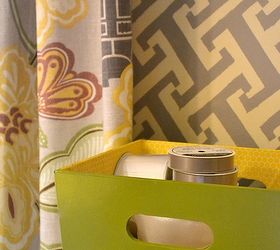 organize in style with a storage bin makeover, organizing, painting, storage ideas, Storage bin makeover with Krylon paint in Ivy Leaf and a great yellow honeycomb print scrapbook paper as the lining for the interior