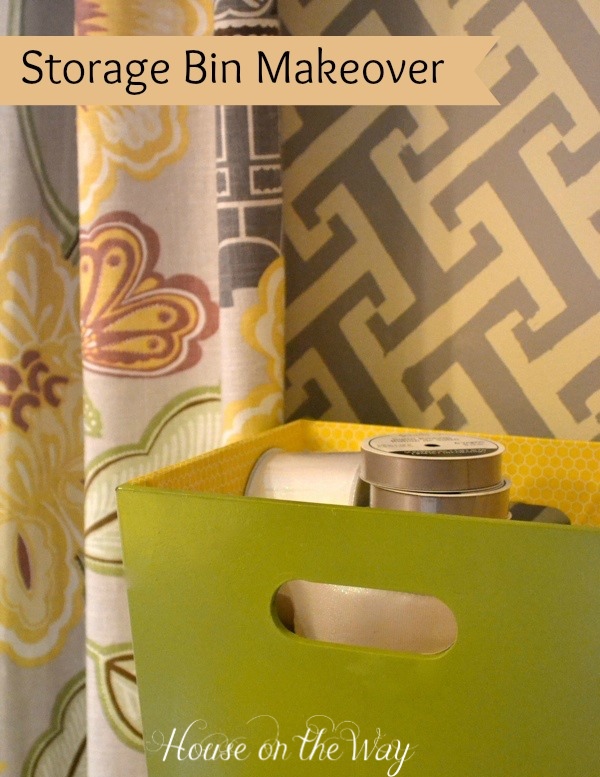 organize in style with a storage bin makeover, organizing, painting, storage ideas, Storage bin makeover with Krylon paint in Ivy Leaf and a great yellow honeycomb print scrapbook paper as the lining for the interior
