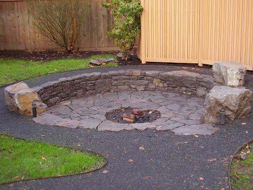 stone fire pits by ross nw watergardens, concrete masonry, curb appeal, landscape, outdoor living, Recessed fire pit with seating wall