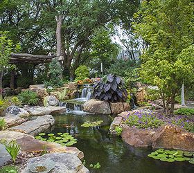 backyard oasis with pond and waterfalls, gardening, outdoor living, ponds water features, An ecosystem pond sets the stage for peace and relaxation