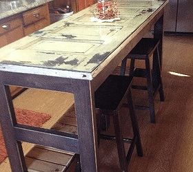 kitchen island made from an old door, diy, repurposing upcycling, woodworking projects, Kitchen Island with 1 4 Glass on top for easy cleaning and 24 Bar stools purchased at Walmart