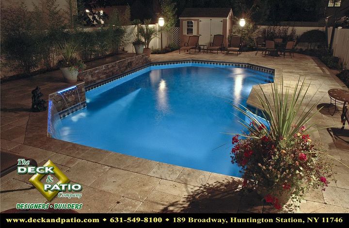 pools pools pools, decks, lighting, outdoor living, patio, pool designs, spas, Vinyl pool with travertine patio
