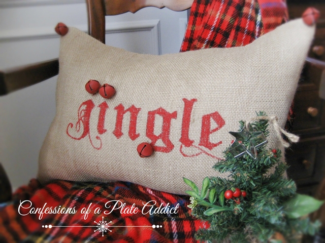 pottery barn inspired jingle pillow, seasonal holiday d cor, Burlap craft paint and over sized jingle bells are the main supplies for this fun holiday pillow