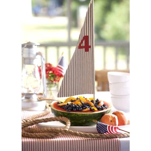 4th of july decor with a nautical twist, patriotic decor ideas, seasonal holiday d cor, wreaths, Easy DIY melon sailboat for a fresh and healthy 4th of July snack Dowel and self adhesive number are from the hardware store Simply cut a sail from blue or red ticking fabric and glue to dowel And fill melon with delicious fruit
