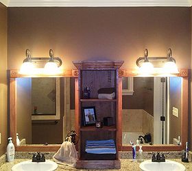 i used this idea and revamped my large bathroom mirror this weekend here are my, bathroom ideas, woodworking projects, Stained to match the below cabinets Still have to steel wool apply another coat of stain steel wool again and then one coat of satin finish polyurethane