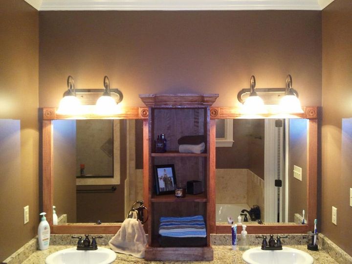 i used this idea and revamped my large bathroom mirror this weekend here are my, bathroom ideas, woodworking projects, Stained to match the below cabinets Still have to steel wool apply another coat of stain steel wool again and then one coat of satin finish polyurethane